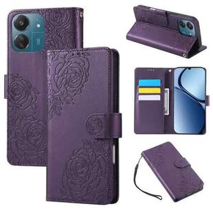 For Redmi 13C 4G / 5G / Poco C65 Rose Flower Embossed 3-Card Slots Leather Phone Case(Deep Purple)