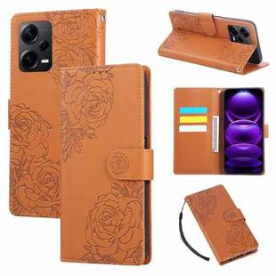 For Redmi Note 12 Pro 5G Rose Flower Embossed 3-Card Slots Leather Phone Case(Brown)