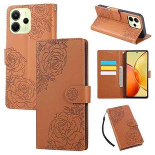 For Redmi Note 14 4G 164.84mm Rose Flower Embossed 3-Card Slots Leather Phone Case(Brown)