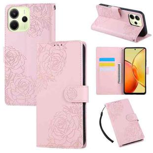 For Redmi Note 14 4G 164.84mm Rose Flower Embossed 3-Card Slots Leather Phone Case(Pink)
