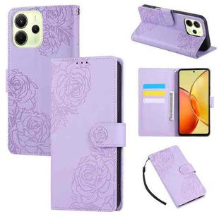 For Redmi Note 14 4G 164.84mm Rose Flower Embossed 3-Card Slots Leather Phone Case(Purple)