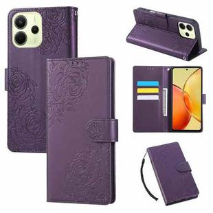 For Redmi Note 14 4G 164.84mm Rose Flower Embossed 3-Card Slots Leather Phone Case(Deep Purple)