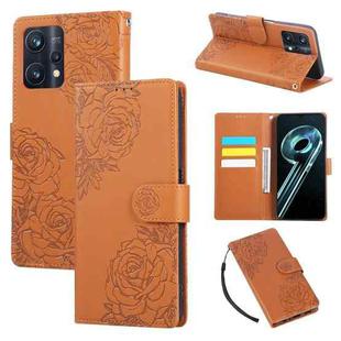 For Realme 9 Pro Rose Flower Embossed 3-Card Slots Leather Phone Case(Brown)