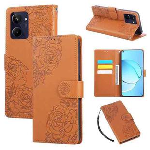 For Realme 10 4G Rose Flower Embossed 3-Card Slots Leather Phone Case(Brown)