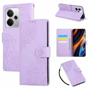 For Realme 14 5G Global Rose Flower Embossed 3-Card Slots Leather Phone Case(Purple)