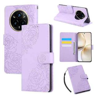 For Realme 14 Pro 5G Global Rose Flower Embossed 3-Card Slots Leather Phone Case(Purple)
