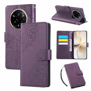 For Realme 14 Pro 5G Global Rose Flower Embossed 3-Card Slots Leather Phone Case(Deep Purple)