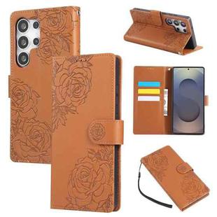 For Samsung Galaxy S25 Ultra 5G Rose Flower Embossed 3-Card Slots Leather Phone Case(Brown)