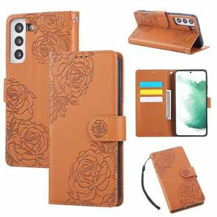 For Samsung Galaxy S22+ 5G Rose Flower Embossed 3-Card Slots Leather Phone Case(Brown)