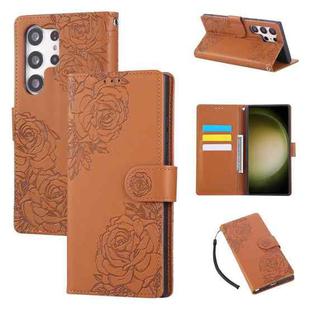 For Samsung Galaxy S23 Ultra 5G Rose Flower Embossed 3-Card Slots Leather Phone Case(Brown)