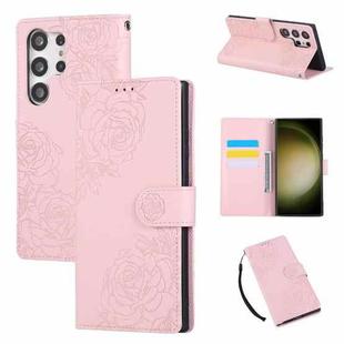 For Samsung Galaxy S23 Ultra 5G Rose Flower Embossed 3-Card Slots Leather Phone Case(Pink)