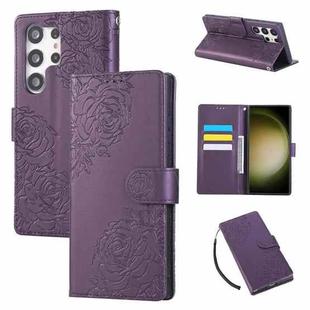 For Samsung Galaxy S23 Ultra 5G Rose Flower Embossed 3-Card Slots Leather Phone Case(Deep Purple)