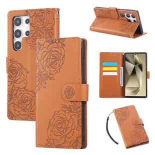 For Samsung Galaxy S22 Ultra 5G Rose Flower Embossed 3-Card Slots Leather Phone Case(Brown)