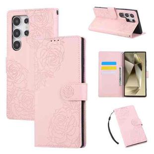 For Samsung Galaxy S22 Ultra 5G Rose Flower Embossed 3-Card Slots Leather Phone Case(Pink)