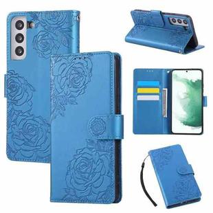 For Samsung Galaxy S22 5G Rose Flower Embossed 3-Card Slots Leather Phone Case(Blue)