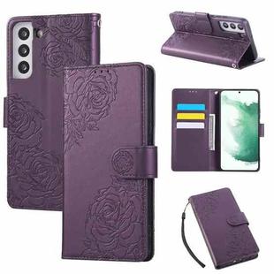 For Samsung Galaxy S22 5G Rose Flower Embossed 3-Card Slots Leather Phone Case(Deep Purple)