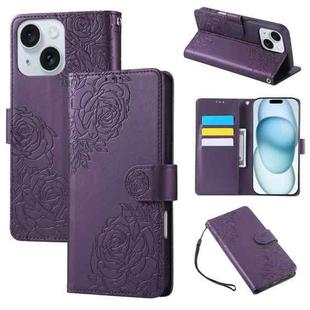 For iPhone 15 Rose Flower Embossed 3-Card Slots Leather Phone Case(Deep Purple)