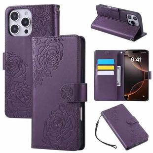 For iPhone 14 Pro Rose Flower Embossed 3-Card Slots Leather Phone Case(Deep Purple)