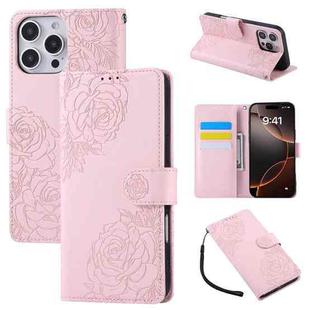 For iPhone 14 Pro Max Rose Flower Embossed 3-Card Slots Leather Phone Case(Pink)
