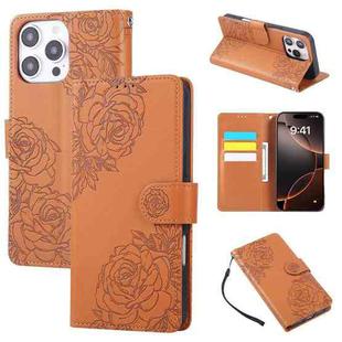 For iPhone 15 Pro Max Rose Flower Embossed 3-Card Slots Leather Phone Case(Brown)