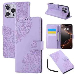 For iPhone 15 Pro Max Rose Flower Embossed 3-Card Slots Leather Phone Case(Purple)