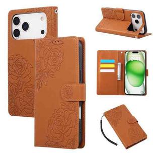 For iPhone 17 Pro Max Rose Flower Embossed 3-Card Slots Leather Phone Case(Brown)