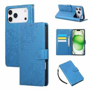 For iPhone 17 Pro Max Rose Flower Embossed 3-Card Slots Leather Phone Case(Blue)