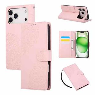 For iPhone 17 Pro Max Rose Flower Embossed 3-Card Slots Leather Phone Case(Pink)