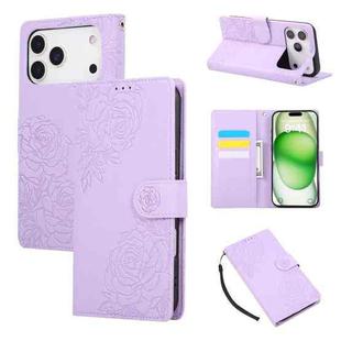 For iPhone 17 Pro Max Rose Flower Embossed 3-Card Slots Leather Phone Case(Purple)