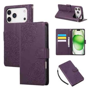 For iPhone 17 Pro Max Rose Flower Embossed 3-Card Slots Leather Phone Case(Deep Purple)