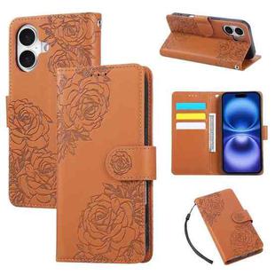 For iPhone 17 Rose Flower Embossed 3-Card Slots Leather Phone Case(Brown)