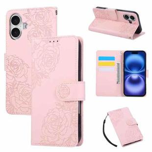 For iPhone 17 Rose Flower Embossed 3-Card Slots Leather Phone Case(Pink)