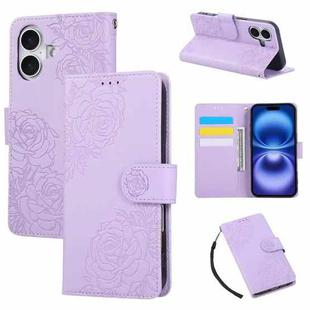 For iPhone 17 Rose Flower Embossed 3-Card Slots Leather Phone Case(Purple)