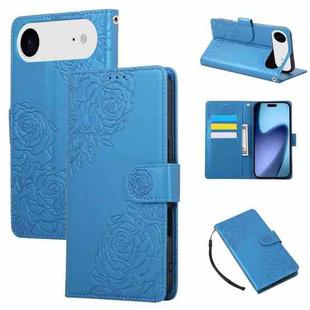 For iPhone 17 Air Rose Flower Embossed 3-Card Slots Leather Phone Case(Blue)
