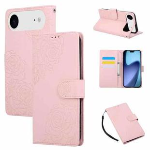 For iPhone 17 Air Rose Flower Embossed 3-Card Slots Leather Phone Case(Pink)