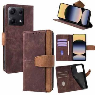 For Redmi Note 14S 4G Color Stitching Skin Feel Leather RFID Blocking Phone Case(Brown)