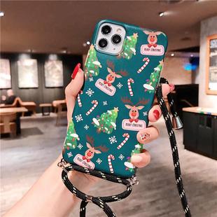 For iPhone 11 Christmas Cartoon Frosted Soft Protective Case with Rope(Green Little Elk)