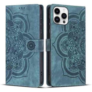 For iPhone 15 Pro Max Mandala Embossed Retro Frosted Leather Phone Case(Blue)