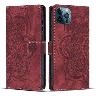 For iPhone 12 Pro Max Mandala Embossed Retro Frosted Leather Phone Case(Red)