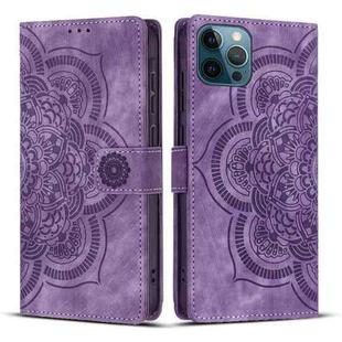 For iPhone 12 Pro Max Mandala Embossed Retro Frosted Leather Phone Case(Purple)