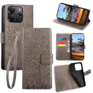 For Redmi Note 14 4G 164.84mm Tree & Deer Embossed Leather Phone Case(Grey)