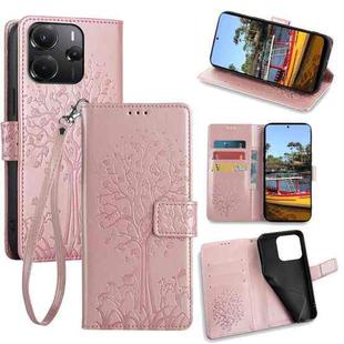 For Redmi Note 14 4G 164.84mm Tree & Deer Embossed Leather Phone Case(Rose Gold)