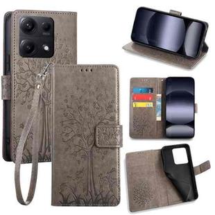 For Redmi Note 14S 4G Tree & Deer Embossed Leather Phone Case(Grey)