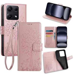 For Redmi Note 14S 4G Tree & Deer Embossed Leather Phone Case(Rose Gold)