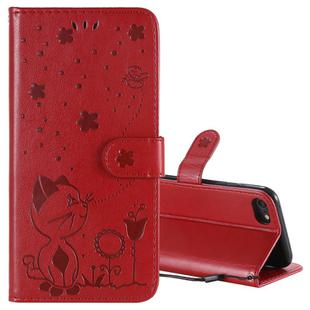 For iPhone SE 2022 / SE 2020 / 8 / 7 Cat Bee Embossing Pattern Shockproof Horizontal Flip Leather Case with Holder & Card Slots & Wallet(Red)