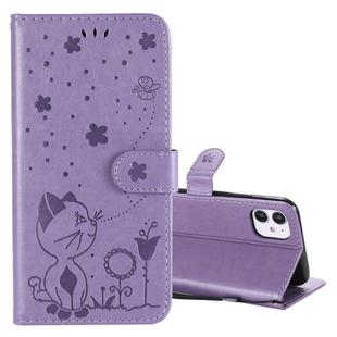 For iPhone 11 Cat Bee Embossing Pattern Shockproof Horizontal Flip Leather Case with Holder & Card Slots & Wallet(Purple)