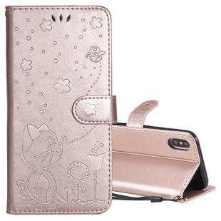 For iPhone X / XS Cat Bee Embossing Pattern Shockproof Horizontal Flip Leather Case with Holder & Card Slots & Wallet(Rose Gold)