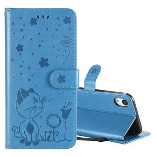 For iPhone XR Cat Bee Embossing Pattern Shockproof Horizontal Flip Leather Case with Holder & Card Slots & Wallet(Blue)