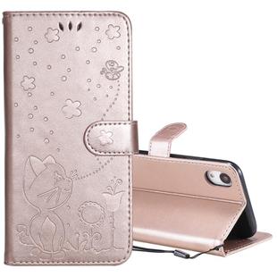 For iPhone XR Cat Bee Embossing Pattern Shockproof Horizontal Flip Leather Case with Holder & Card Slots & Wallet(Rose Gold)