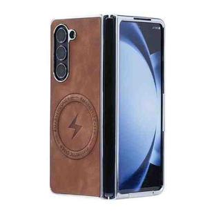 For Samsung Galaxy Z Fold5 5G Electroplated PC Sheepskin Invisible Magnetic MagSafe Folding Phone Case(Brown)